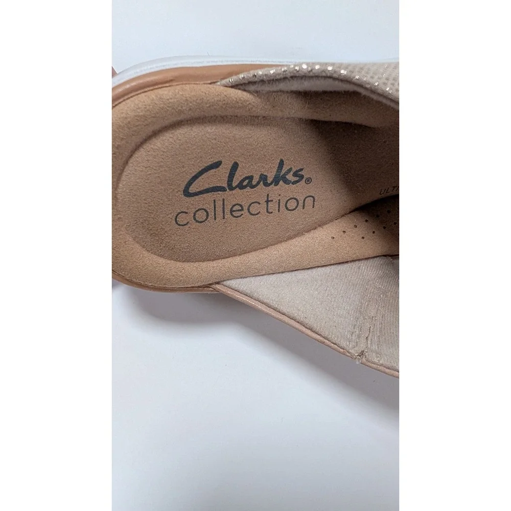 Clarks Collection Womens Arla Kaylie Sandal Beige Shimmer Wedge Slide